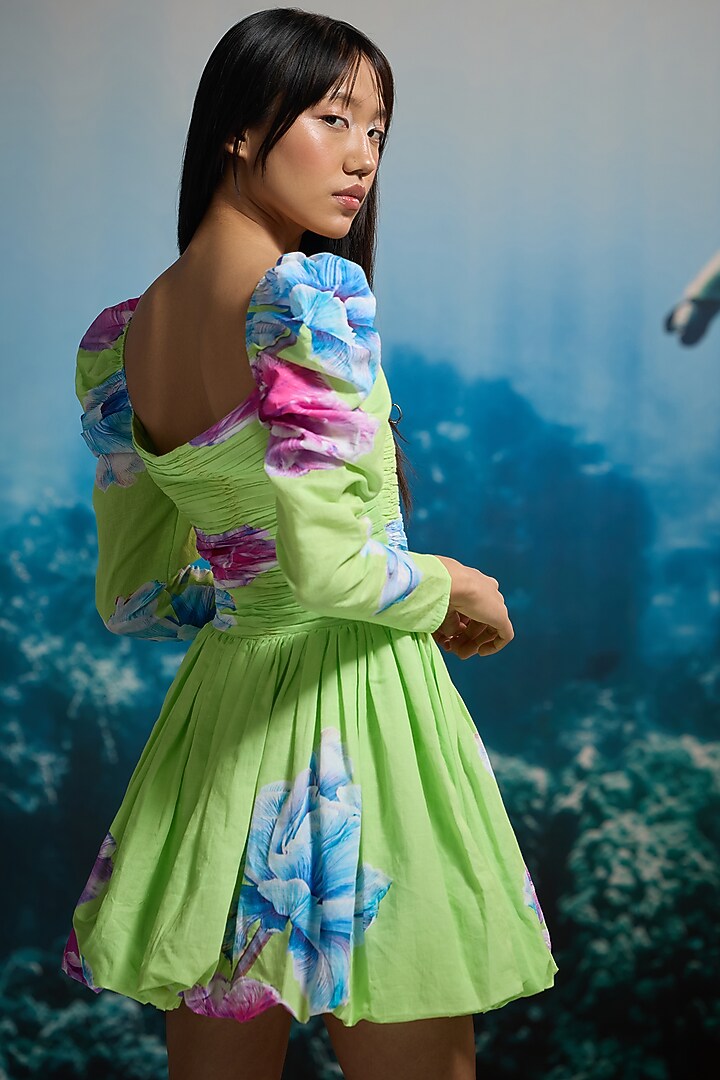 Lime Green Linen & Cotton Linen Printed Mini Vacation Dress by THE IASO at Pernia's Pop Up Shop