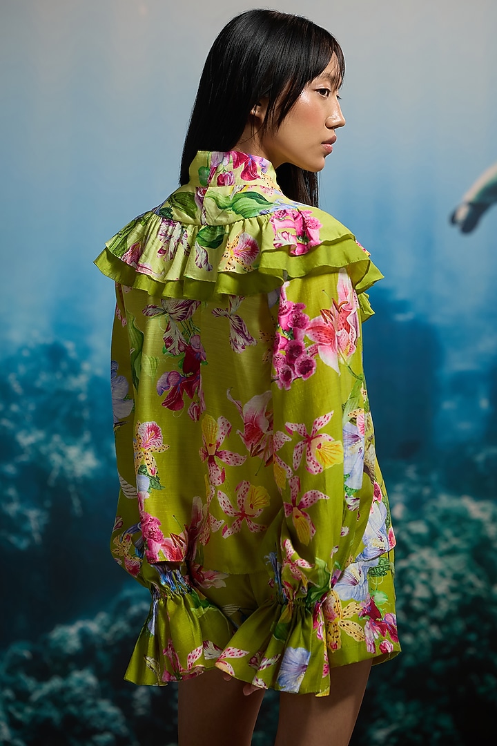 Lime Green Texture & Viscose Printed Shorts by THE IASO at Pernia's Pop Up Shop