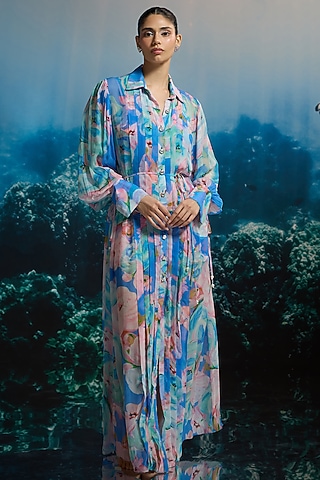Blue Crinkle Chiffon & Viscose Printed Maxi Shirt Dress by THE IASO