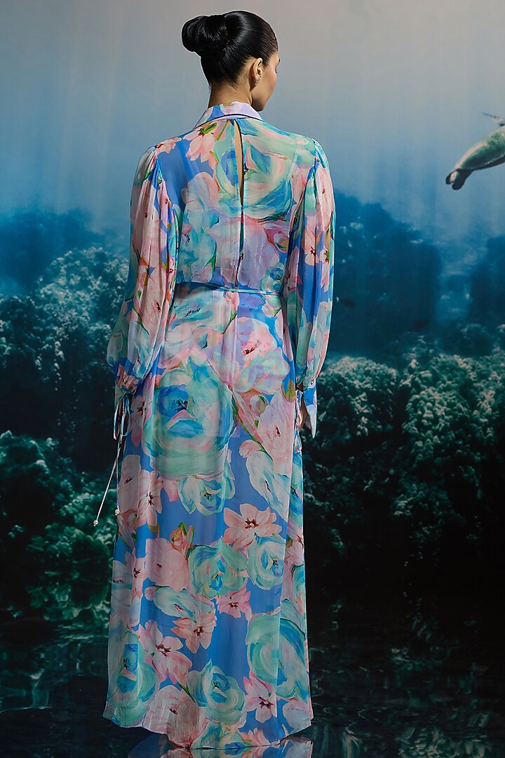 Blue Crinkle Chiffon & Viscose Printed Maxi Shirt Vacation Dress by THE IASO at Pernia's Pop Up Shop