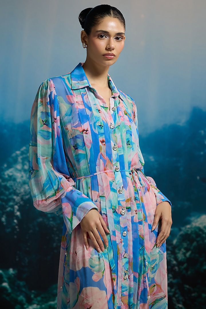 Blue Crinkle Chiffon & Viscose Printed Maxi Shirt Vacation Dress by THE IASO at Pernia's Pop Up Shop