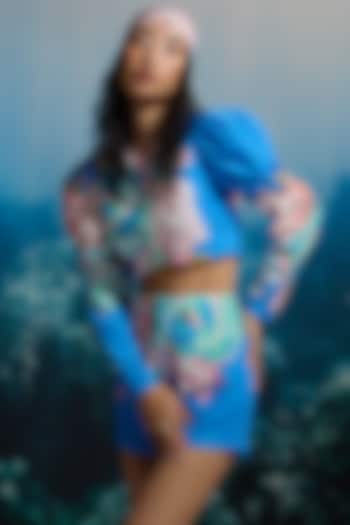 Blue Viscose Floral Printed Crop Top by THE IASO at Pernia's Pop Up Shop