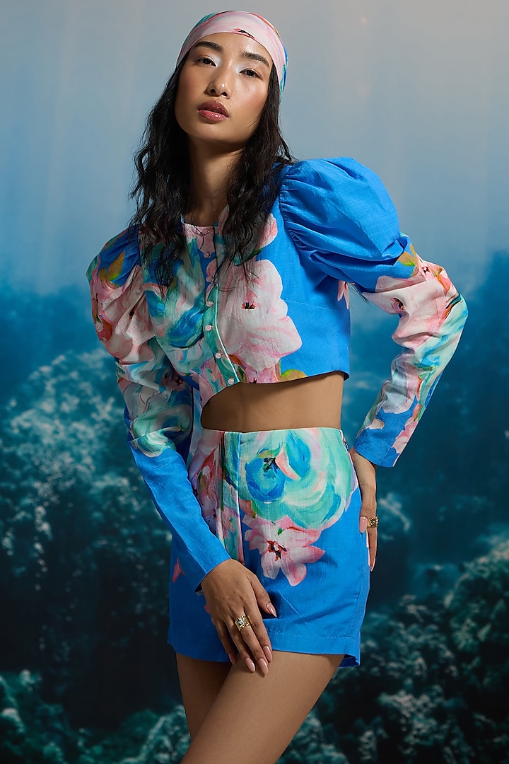 Blue Viscose Floral Printed Crop Top by THE IASO at Pernia's Pop Up Shop