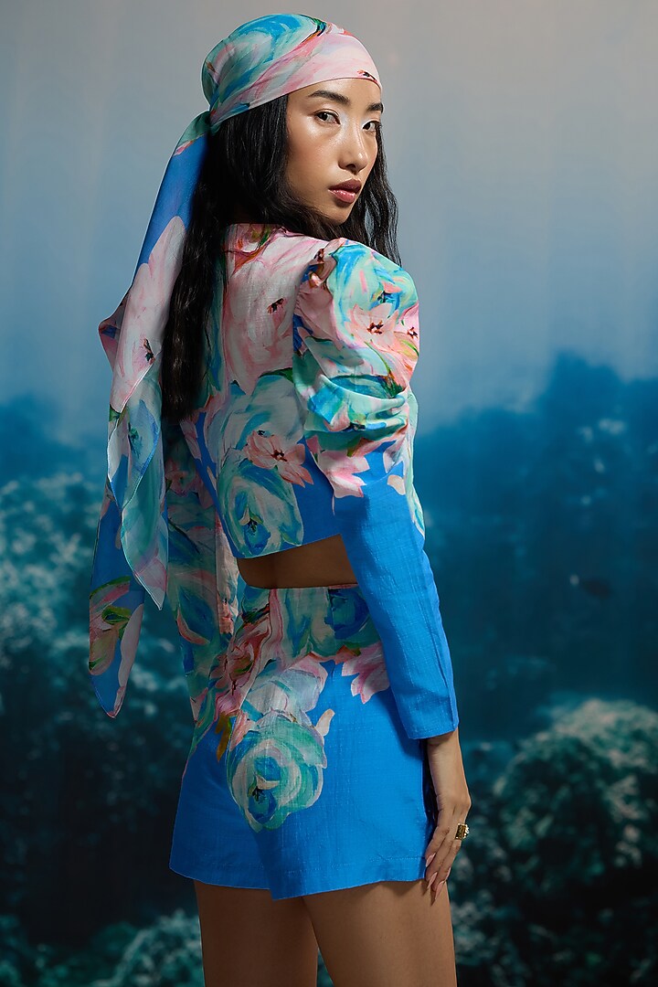 Blue Viscose Floral Printed Crop Top by THE IASO at Pernia's Pop Up Shop