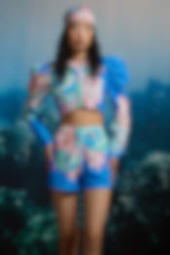 Blue Viscose Floral Printed High-Waist Shorts by THE IASO at Pernia's Pop Up Shop