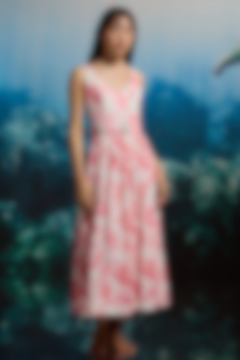 Coral Slub Texture & Viscose Floral Printed Midi Vacation Dress by THE IASO at Pernia's Pop Up Shop