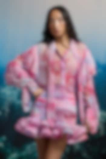 Pink Crinkle Chiffon & Viscose Printed Ruffled Sheer Blouse by THE IASO at Pernia's Pop Up Shop