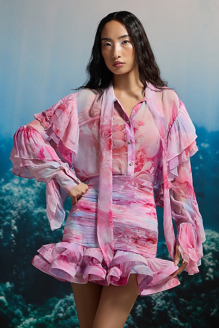 Pink Crinkle Chiffon & Viscose Printed Ruffled Sheer Blouse by THE IASO at Pernia's Pop Up Shop