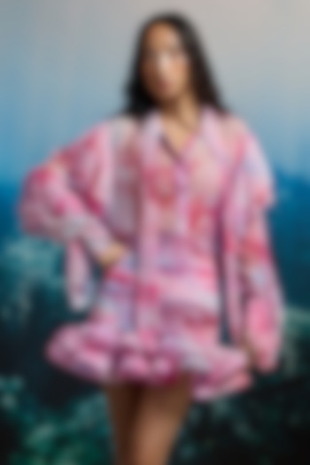 Pink Crinkle Chiffon & Viscose Printed High-Waisted Mini Skirt by THE IASO at Pernia's Pop Up Shop