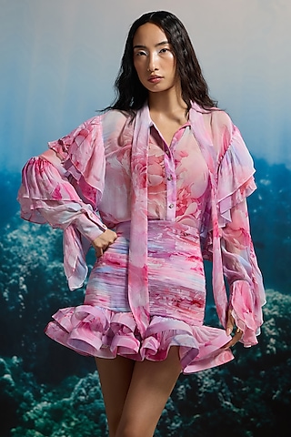 Pink Crinkle Chiffon & Viscose Printed High-Waisted Mini Skirt by THE IASO