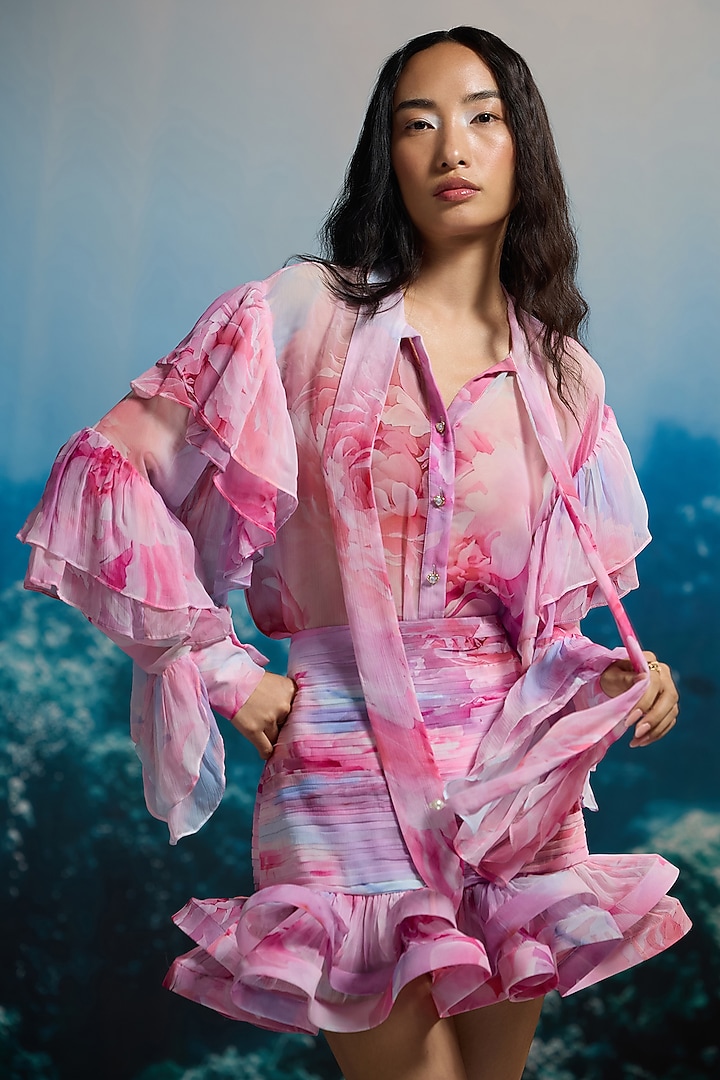 Pink Crinkle Chiffon & Viscose Printed High-Waisted Mini Skirt by THE IASO at Pernia's Pop Up Shop