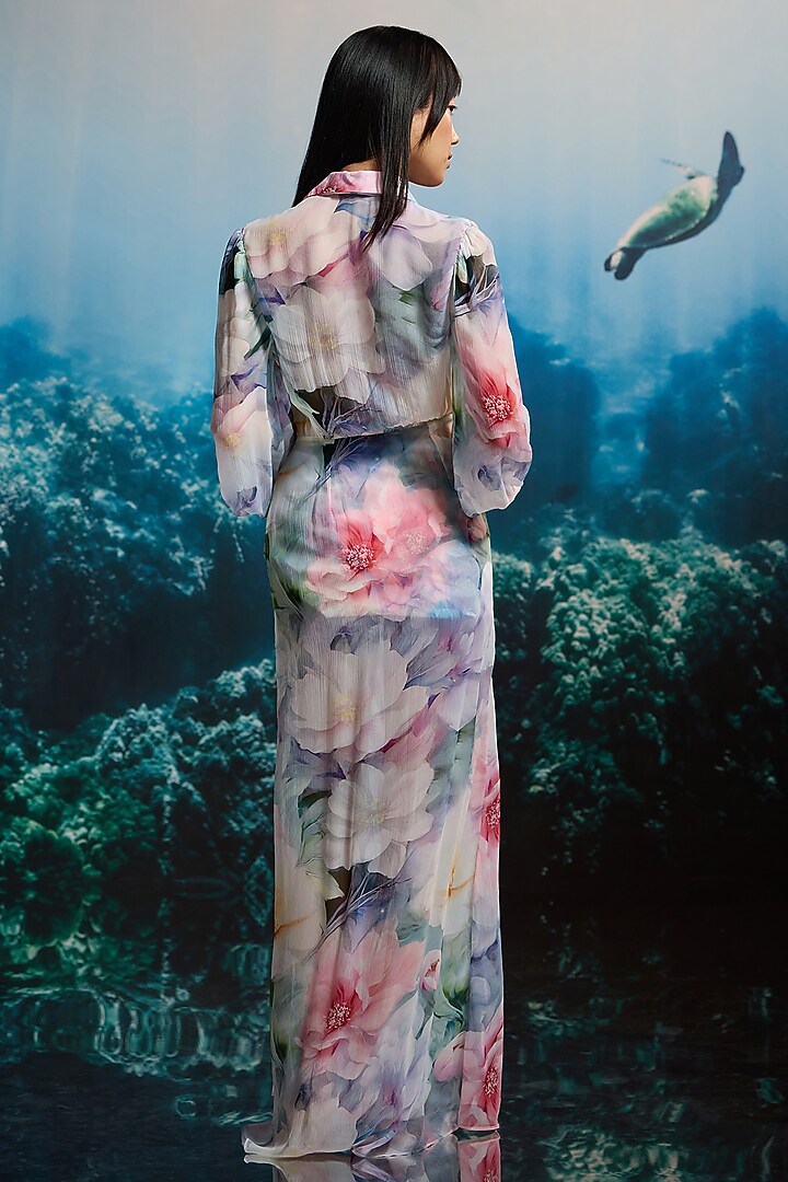 Multi-Colored Crinkle Chiffon & Viscose Floral Printed Vacation Shirt Dress by THE IASO at Pernia's Pop Up Shop