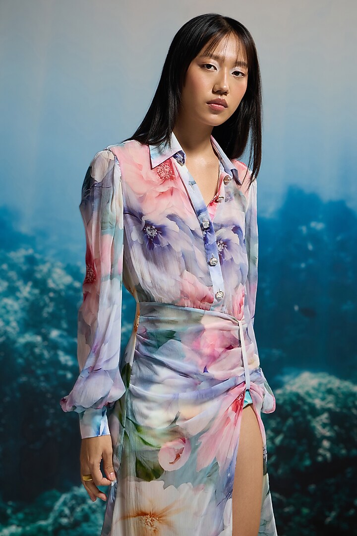 Multi-Colored Crinkle Chiffon & Viscose Floral Printed Vacation Shirt Dress by THE IASO at Pernia's Pop Up Shop