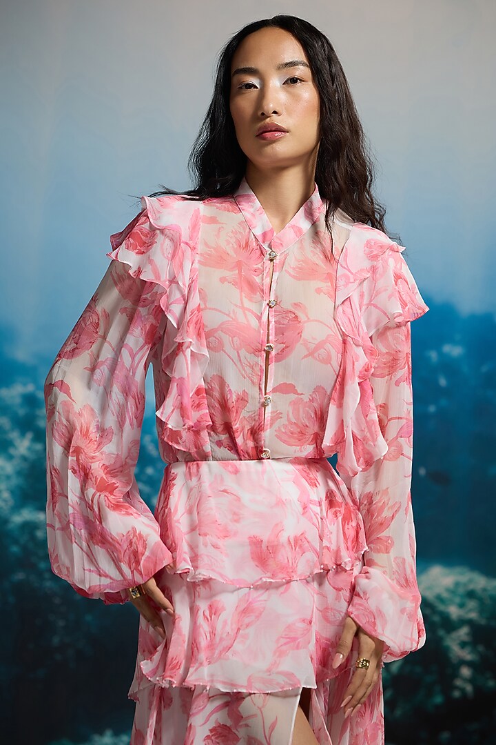 Soft White Crinkle Chiffon & Viscose Floral Printed Shirt by THE IASO at Pernia's Pop Up Shop