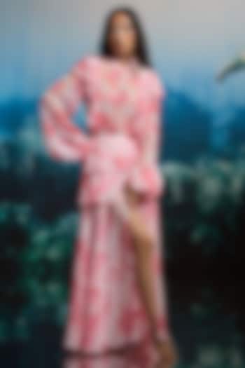 Soft White Crinkle Chiffon & Viscose Floral Printed Slit Maxi Skirt by THE IASO at Pernia's Pop Up Shop