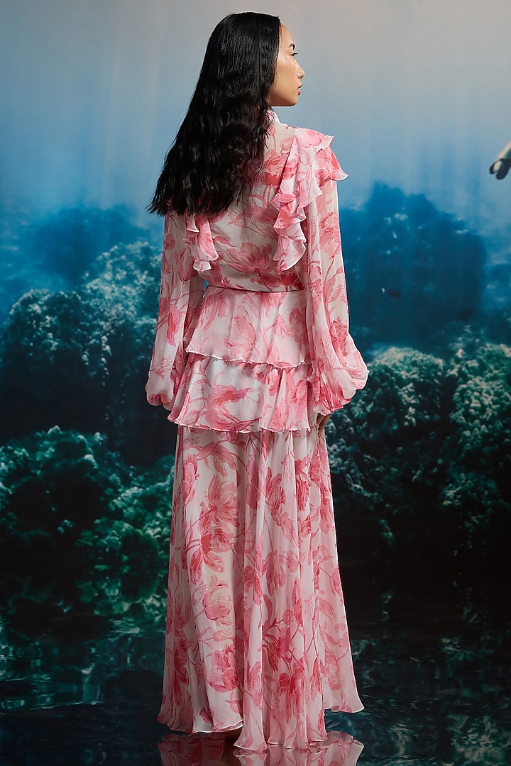 Soft White Crinkle Chiffon & Viscose Floral Printed Slit Maxi Skirt by THE IASO at Pernia's Pop Up Shop