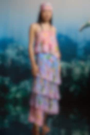 Blue Crinkle Chiffon & Viscose Printed High-Waisted Tiered Skirt by THE IASO at Pernia's Pop Up Shop