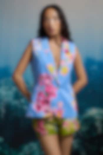 Blue Italian Cotton Satin & Cotton Floral Printed Sleeveless Blazer by THE IASO at Pernia's Pop Up Shop