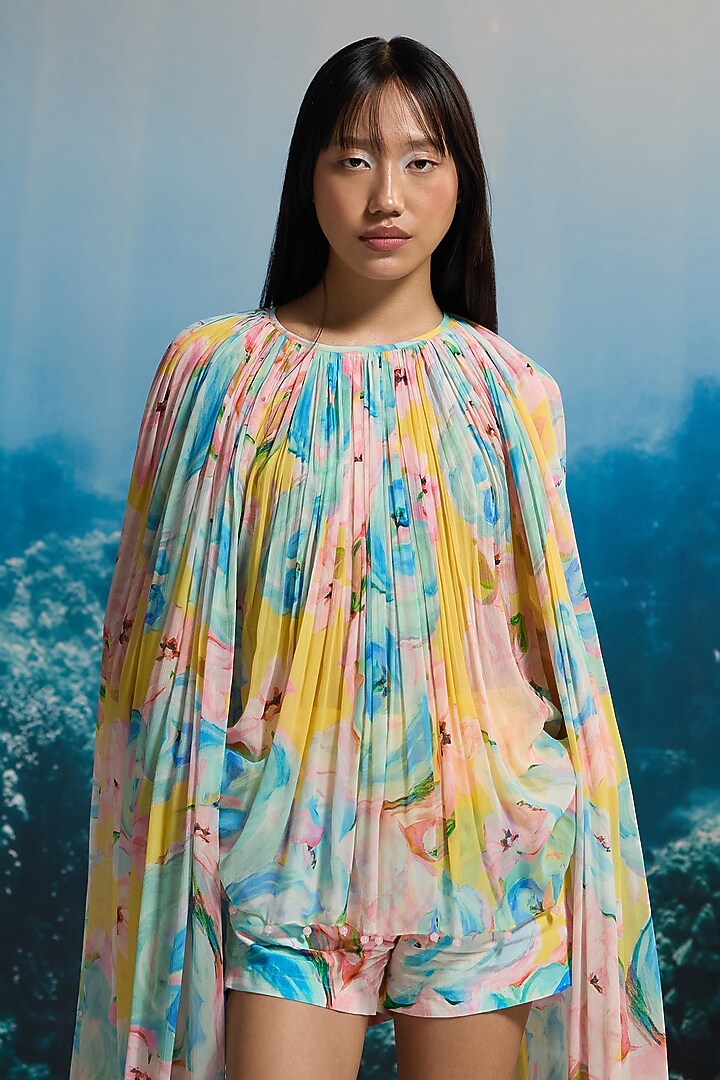 Yellow Slub Texture & Viscose Floral Printed Shorts by THE IASO at Pernia's Pop Up Shop