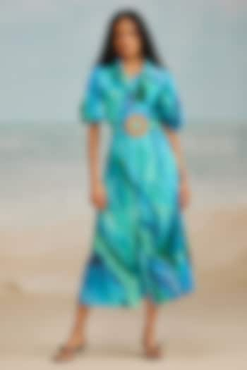 Turquoise Viscose Darla Feather Printed Midi Shirt Dress by THE IASO at Pernia's Pop Up Shop