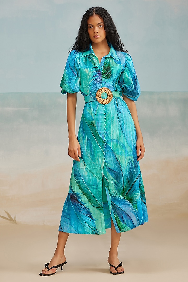 Turquoise Viscose Darla Feather Printed Midi Shirt Dress by THE IASO at Pernia's Pop Up Shop