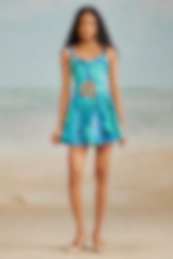 Turquoise Viscose Darla Feather Printed Tiered Corset Mini Vacation Dress by THE IASO at Pernia's Pop Up Shop