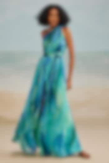 Turquoise Viscose Darla Feather Printed One-Shoulder Maxi Dress by THE IASO at Pernia's Pop Up Shop