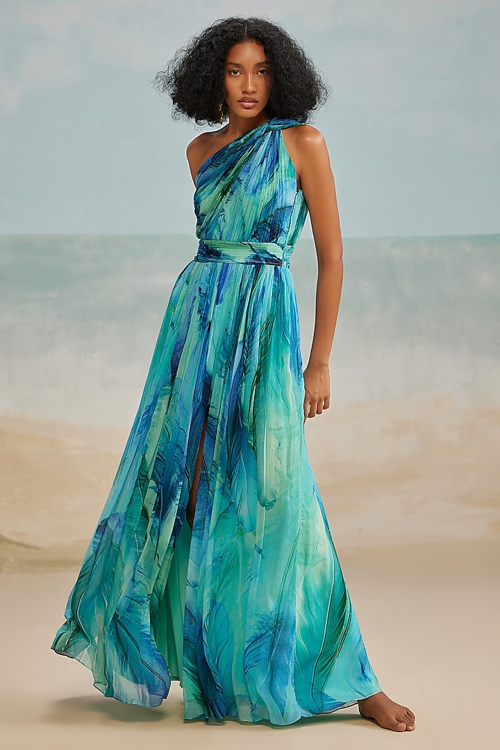 Turquoise Viscose Darla Feather Printed One-Shoulder Maxi Dress by THE IASO at Pernia's Pop Up Shop