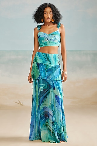 Turquoise Crinkle Chiffon Darla Feather Printed Crop Top by THE IASO