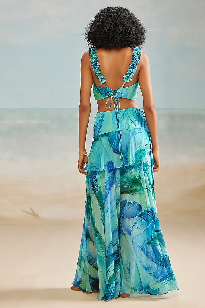 Turquoise Crinkle Chiffon Darla Feather Printed Crop Top by THE IASO at Pernia's Pop Up Shop