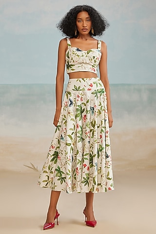 White Cotton Canvas Printed Corset Crop Top by THE IASO