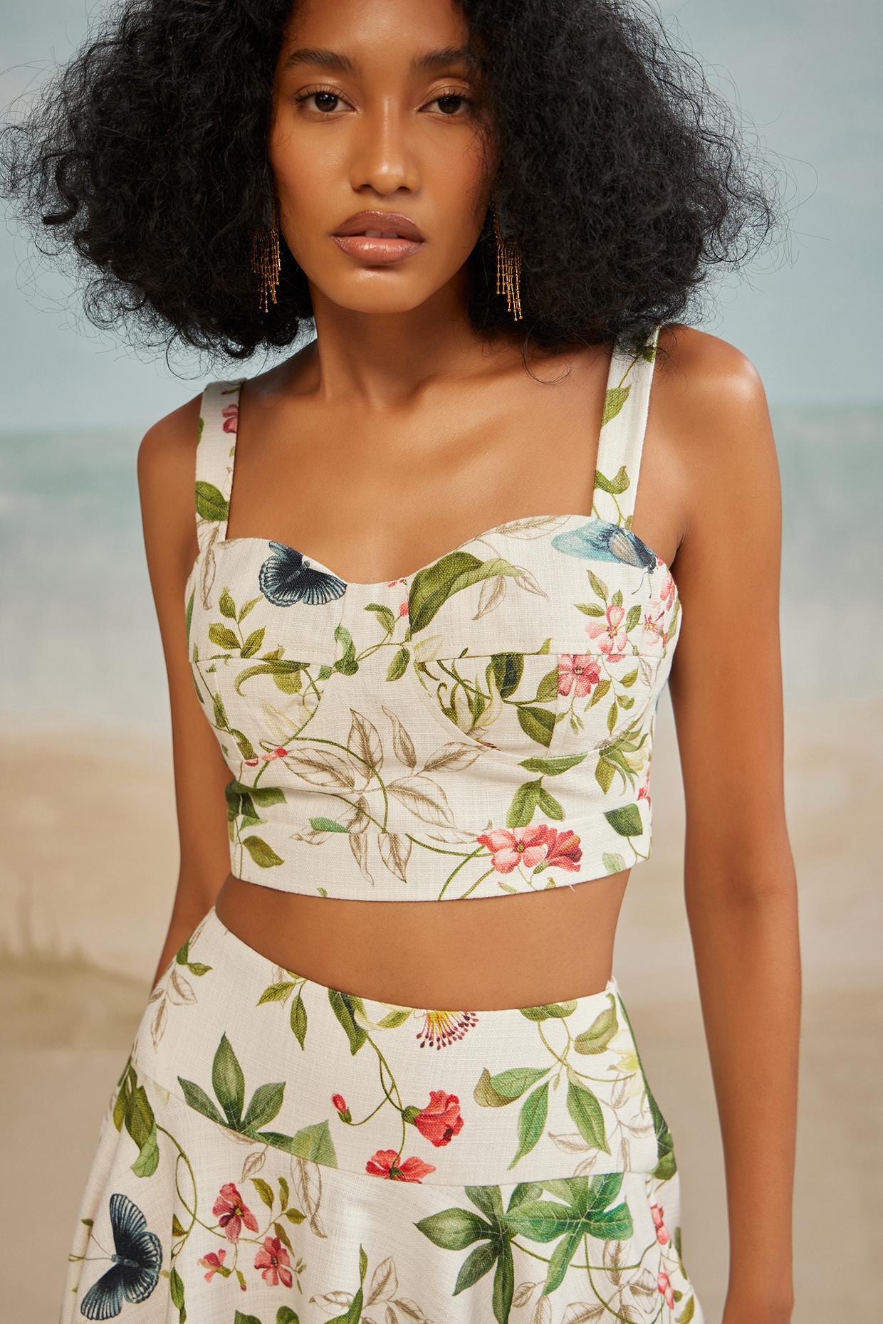White Cotton Canvas Printed Corset Crop Top by THE IASO at