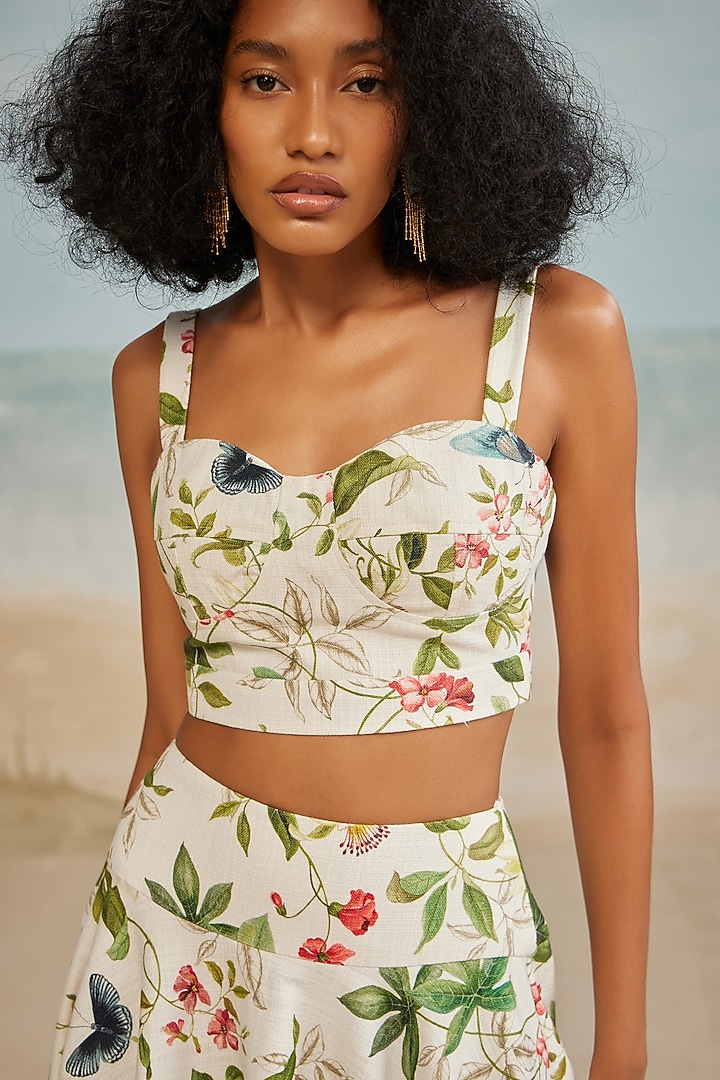White Cotton Canvas Printed Corset Crop Top by THE IASO at Pernia's Pop Up Shop