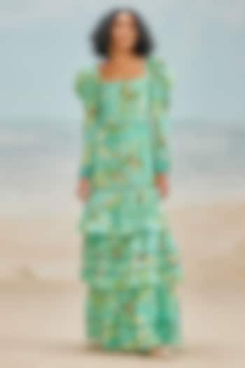 Sea Green Slub Schiffli Printed Maxi Dress by THE IASO at Pernia's Pop Up Shop