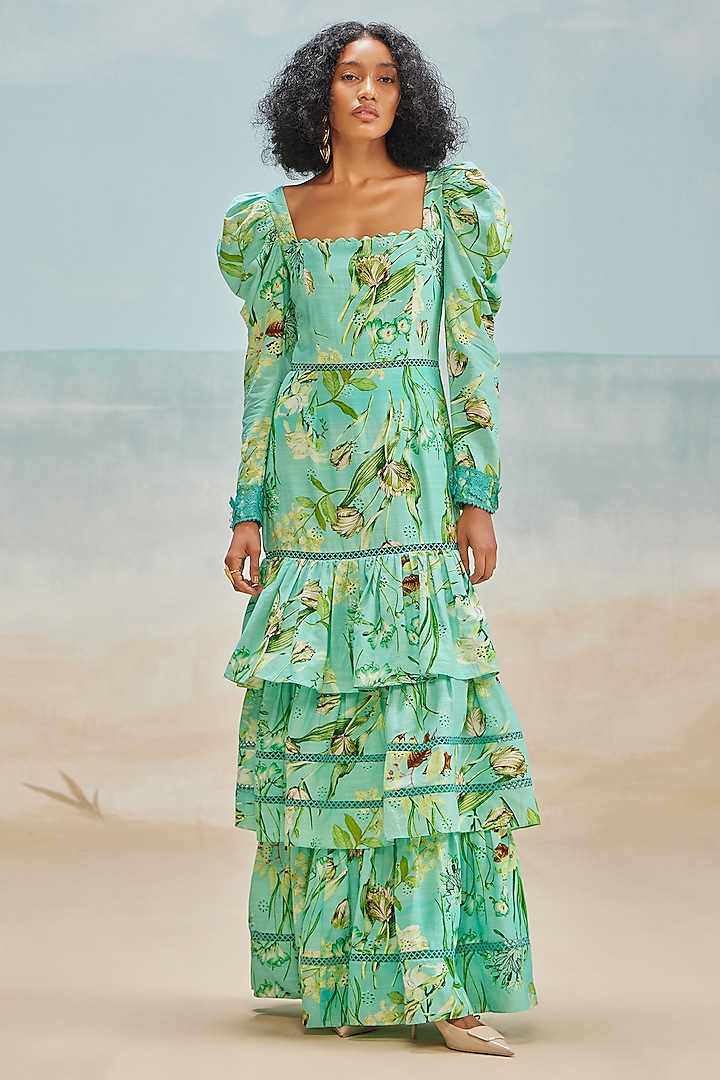 Sea Green Slub Schiffli Printed Maxi Dress by THE IASO at Pernia's Pop Up Shop