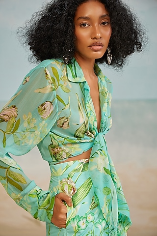 Sea Green Chiffon Printed Tie-Up Shirt by THE IASO