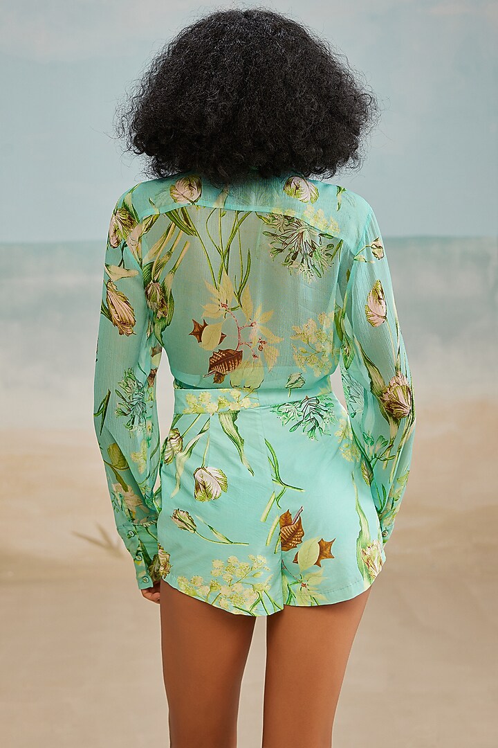 Sea Green Chiffon Printed Tie-Up Shirt by THE IASO at Pernia's Pop Up Shop
