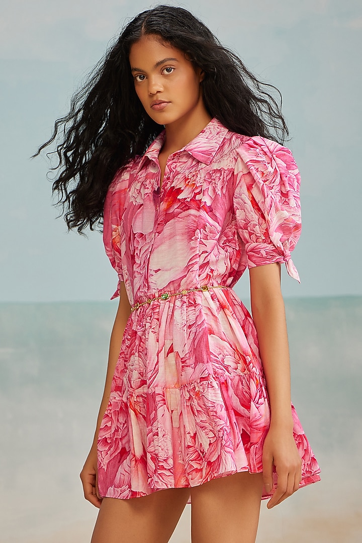 Pink Slub Fabric Printed Mini Vacation Dress by THE IASO at Pernia's Pop Up Shop