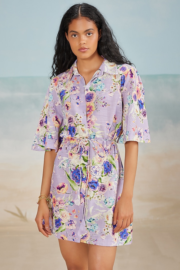 Lilac Slub Fabric Printed Mini Shirt Dress by THE IASO at Pernia's Pop Up Shop