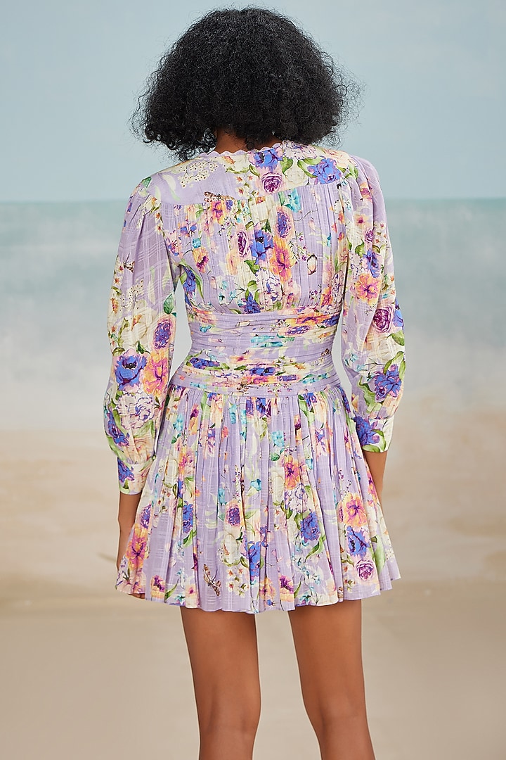 Lilac Cotton Printed Mini Ruched Vacation Dress by THE IASO at Pernia's Pop Up Shop