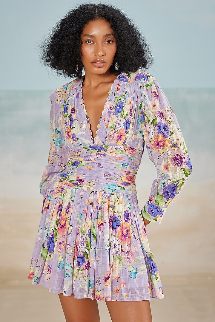 Lilac Cotton Printed Mini Ruched Vacation Dress by THE IASO at Pernia's Pop Up Shop