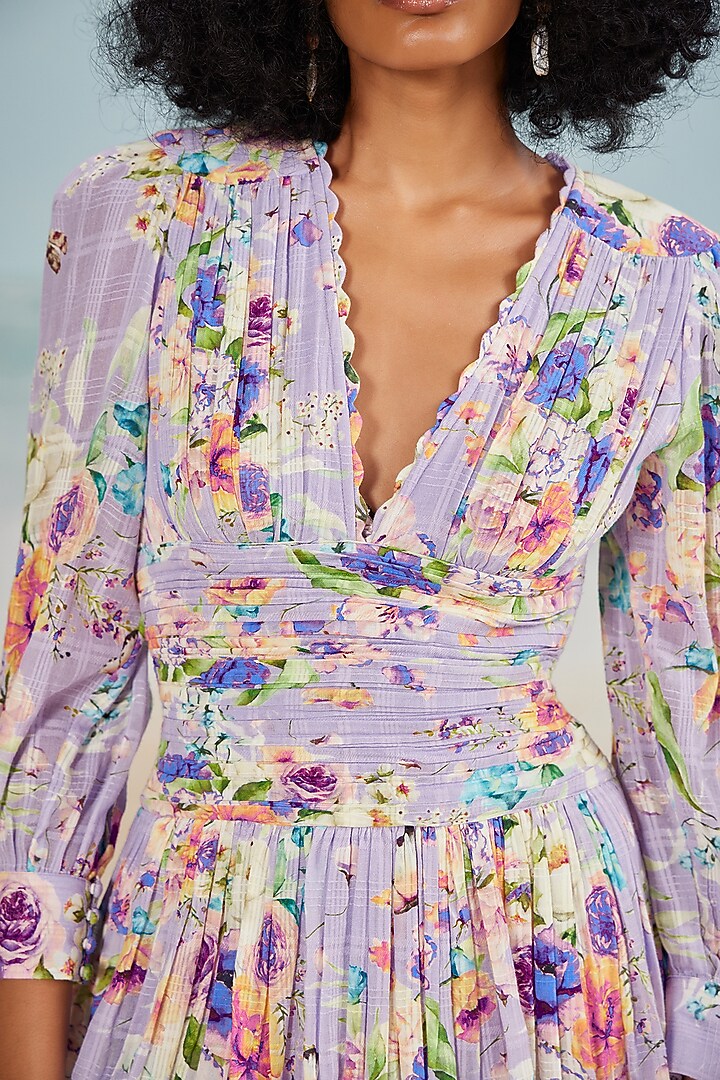 Lilac Cotton Printed Mini Ruched Vacation Dress by THE IASO at Pernia's Pop Up Shop