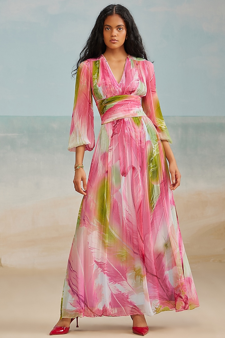 Multi-Colored Chiffon Printed Ruched Maxi Dress by THE IASO at Pernia's Pop Up Shop