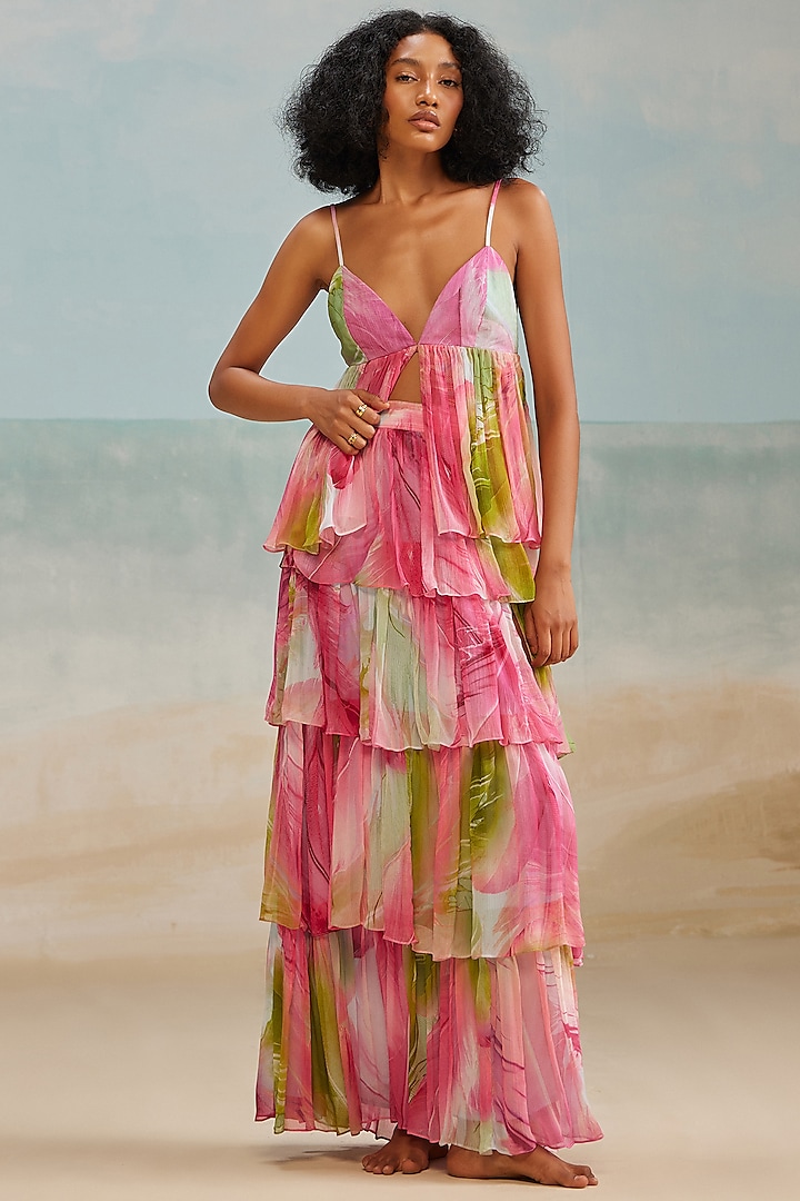 Multi-Colored Crinkle Chiffon Printed Frilled Layered Maxi Skirt by THE IASO at Pernia's Pop Up Shop