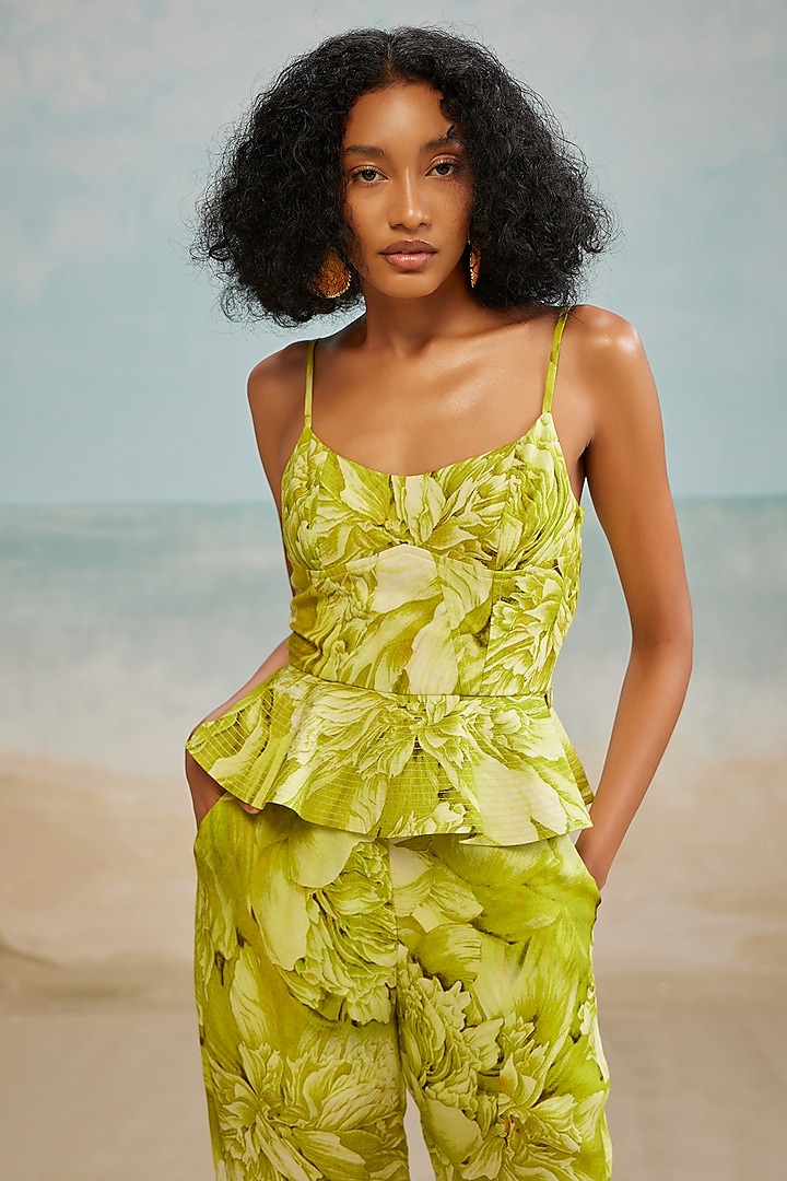 Celery Green Twill Modal Printed Corset Top by THE IASO at Pernia's Pop Up Shop