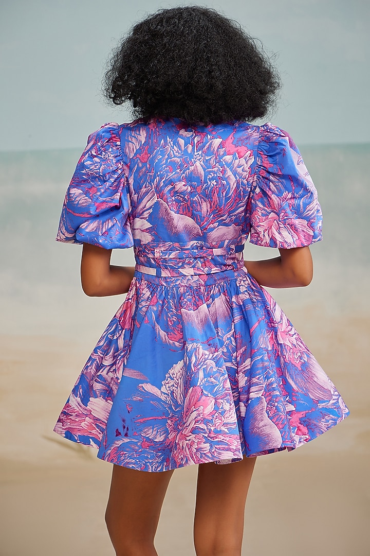 Purple Italian Cotton Satin Printed Mini Overlap Vacation Dress by THE IASO at Pernia's Pop Up Shop