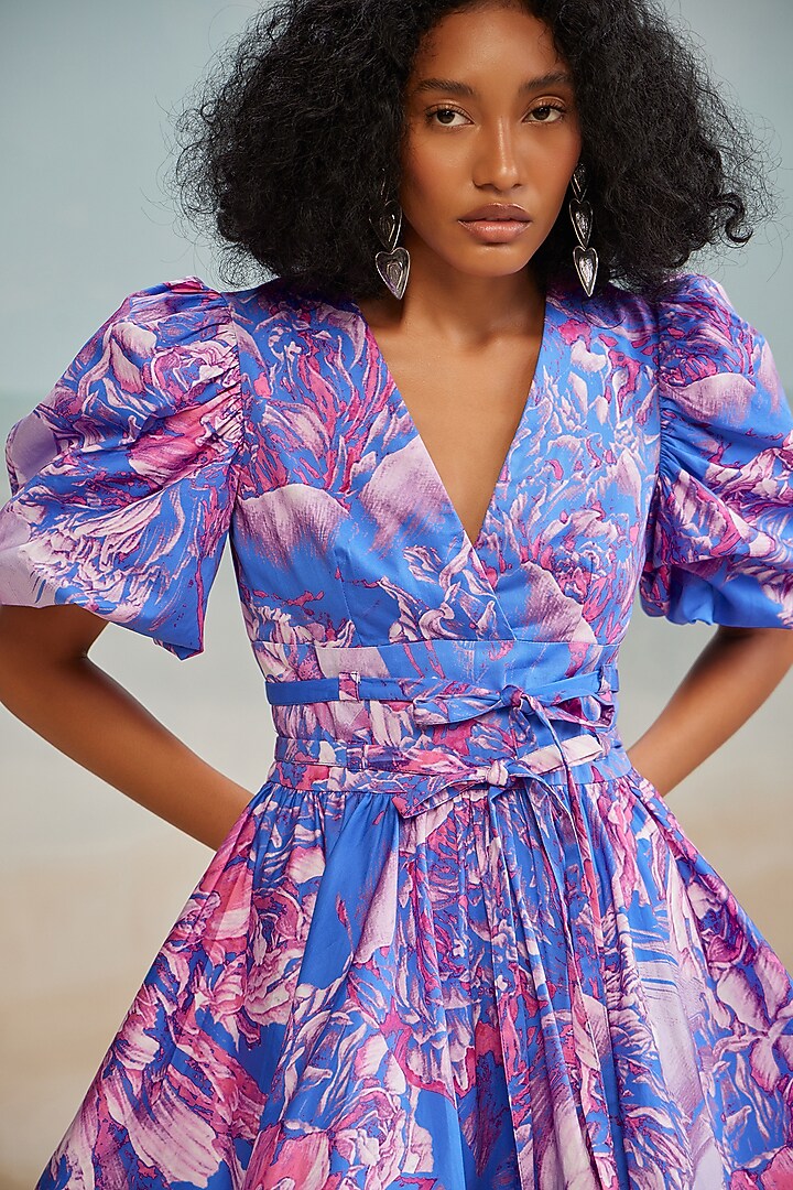Purple Italian Cotton Satin Printed Mini Overlap Vacation Dress by THE IASO at Pernia's Pop Up Shop