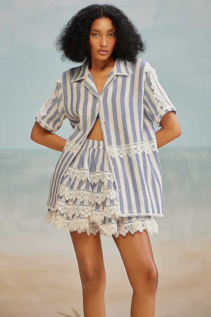 White & Blue Cotton Mesh Jacquard Oversized Shirt by THE IASO at Pernia's Pop Up Shop