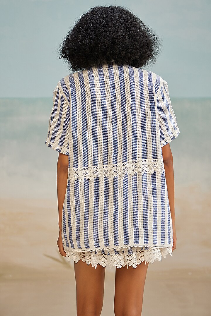 White & Blue Cotton Mesh Jacquard Oversized Shirt by THE IASO at Pernia's Pop Up Shop