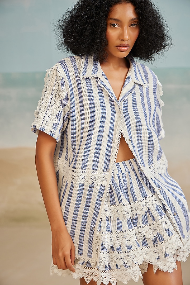 White & Blue Cotton Jacquard Mini Frilled Skirt by THE IASO at Pernia's Pop Up Shop